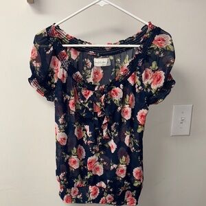 Y2K Abercrombie & Fitch Pink and Orange sheer Smocked Ruffled Blouse